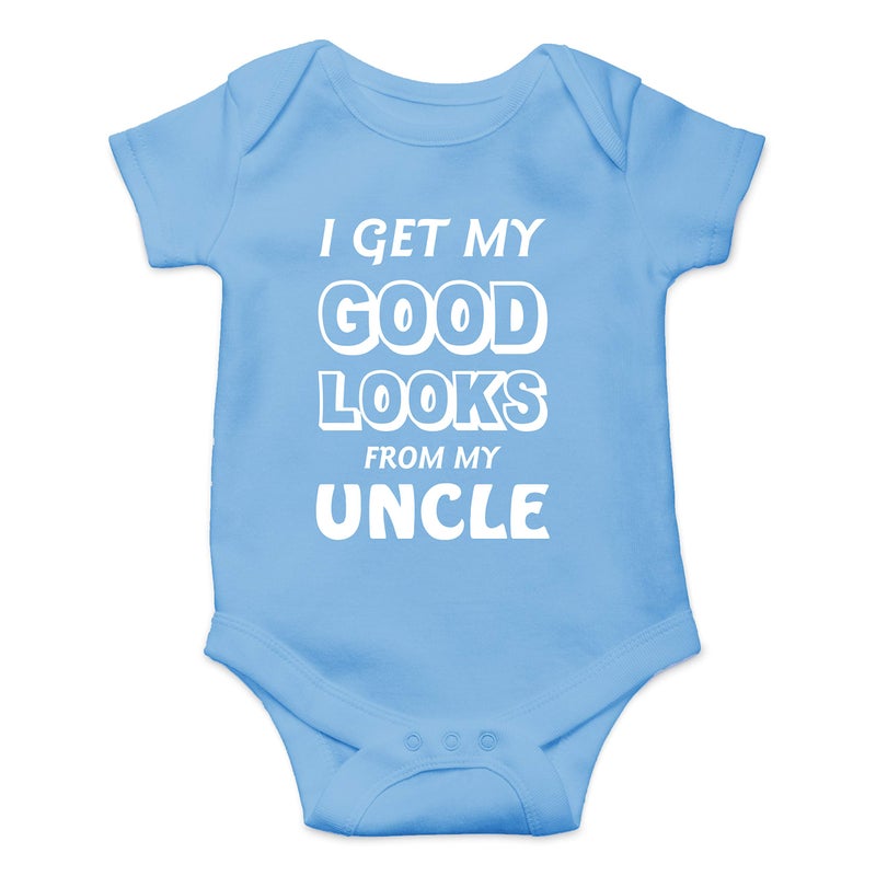 Funnwear Get My Good Looks From My Uncle - Funny Baby Essentials Bodysuit - Newborn Outfit Boy Romper (12 Months, Light Blue) - Image 1